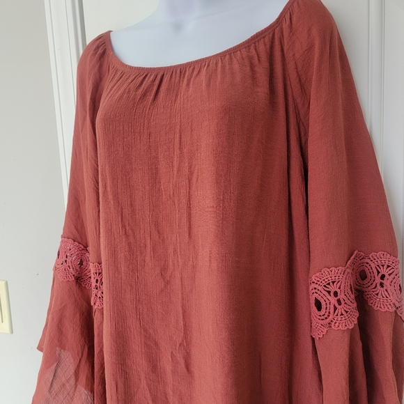 Wrangler Boho Flutter Sleeve Crochet Accent Dress Burnt Orange Rust Color Size M - Picture 2 of 12